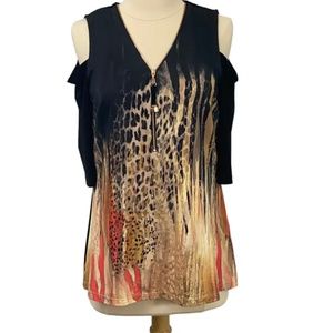 Frank Lyman Design Cold Shoulder Top Short Sleeve Black Orange Animal Print SZ 8